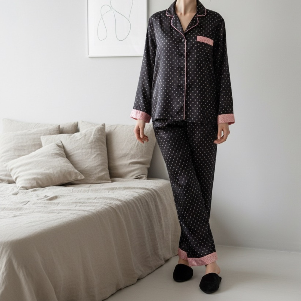 In Bloom by Jonquil Satin Pajama Set Black Pink Polka Dot  Valentine’s Day Sz S